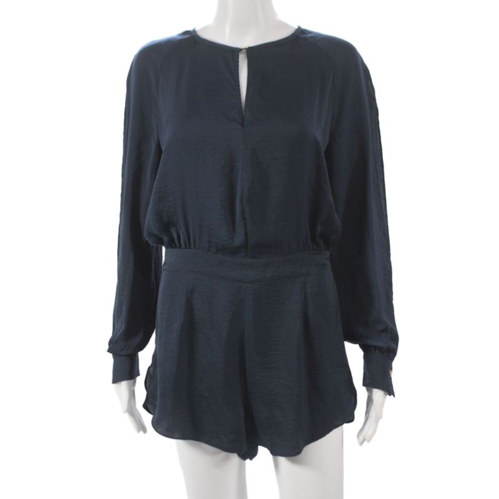 Finders Women Romper Blue Long Sleeve Round Neck Button Polyester Size M